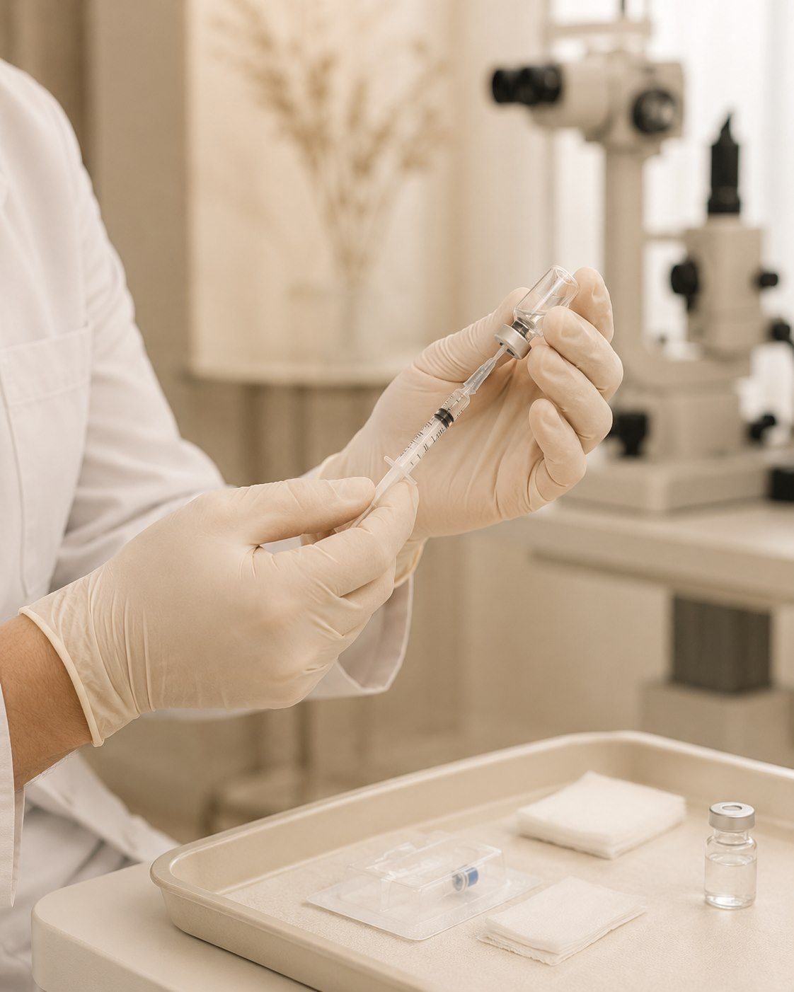 Preparo de uma injeção intravítrea — seringa e frasco do medicamento